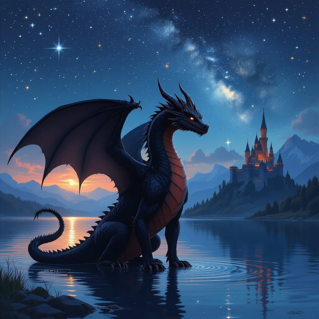 Black Dragon Under Starry Sky, in Digital Art Style