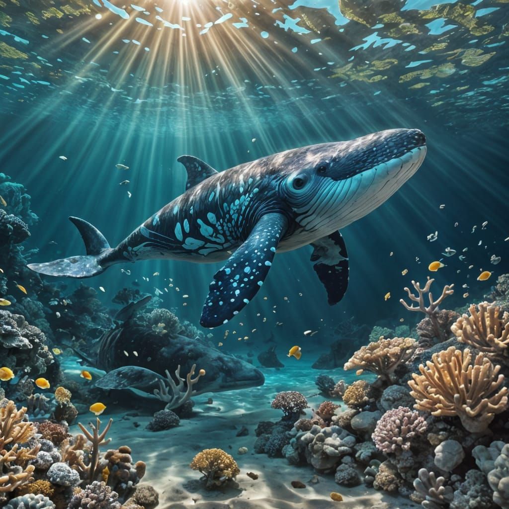 Whale in Vibrant Underwater Fractal Paradise