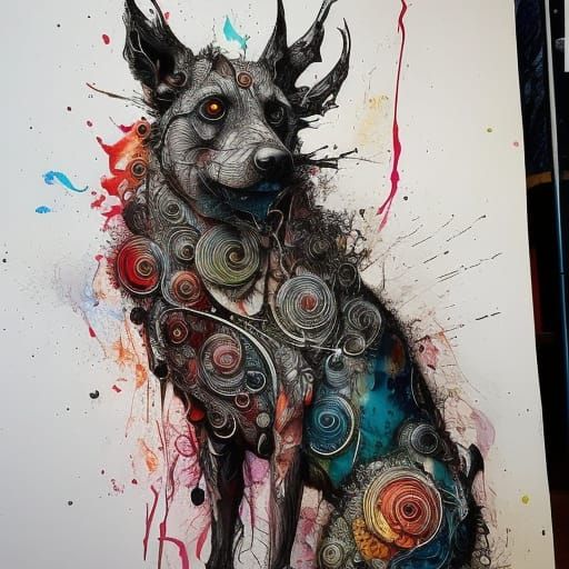 Detailed Dog Portrait in Gouache and Ink