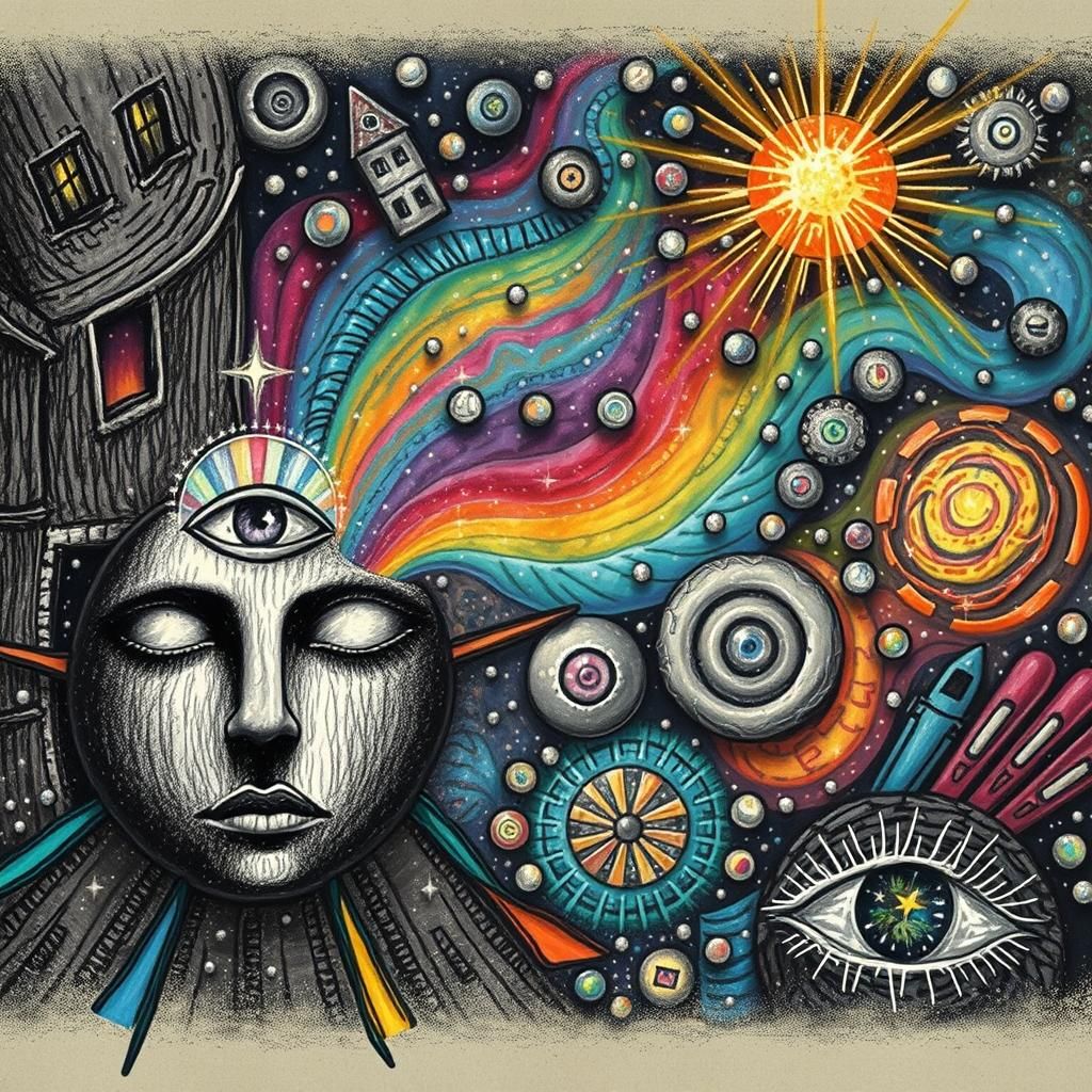 Dreamlike Cityscape in Child's Crayon Drawing Style