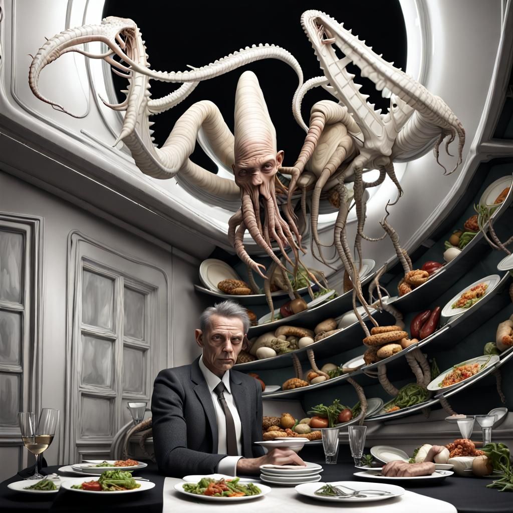 Man at Table with Alien Food: Photorealistic Fine Dining