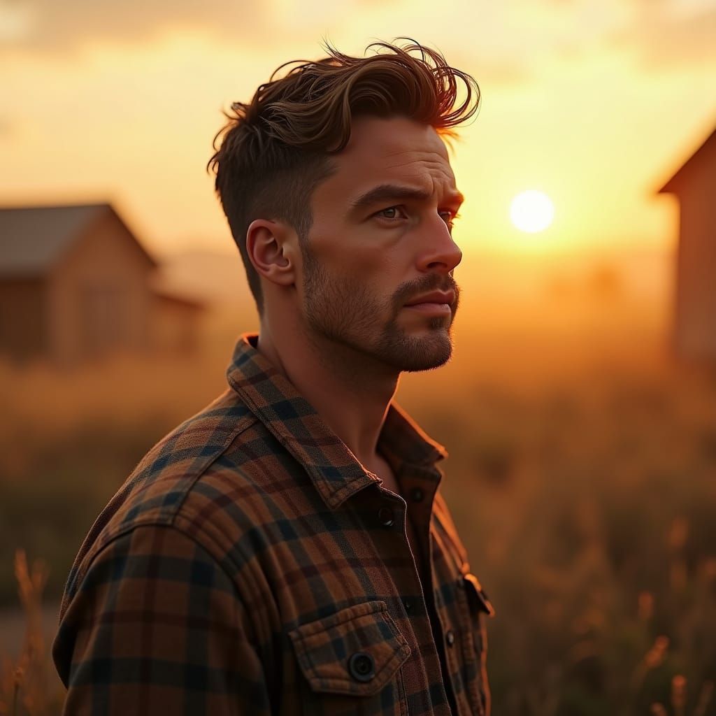 Handsome Man in Farm Landscape: Hyper-Realistic Digital Art