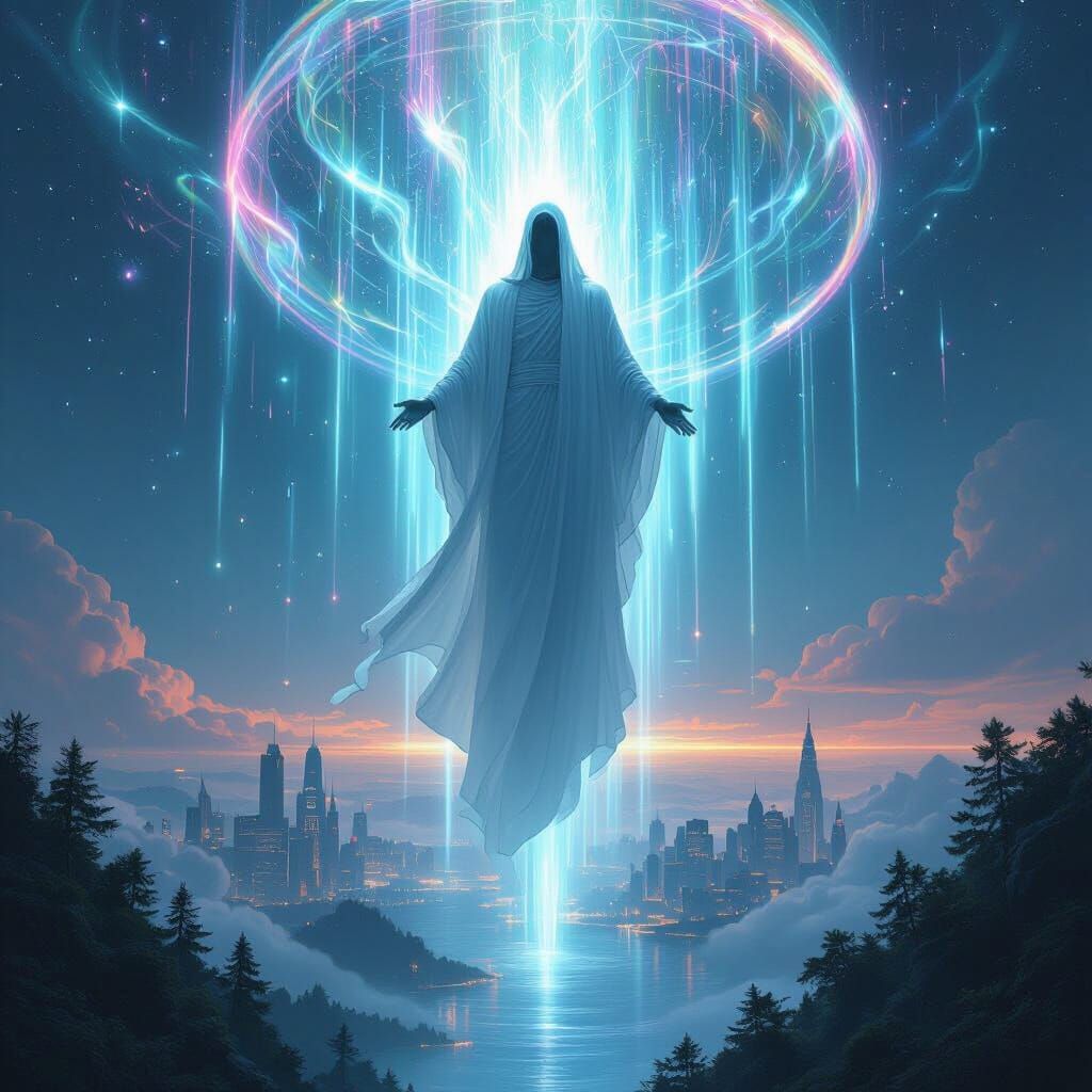 Luminous Being Weaving Consciousness Above Earth