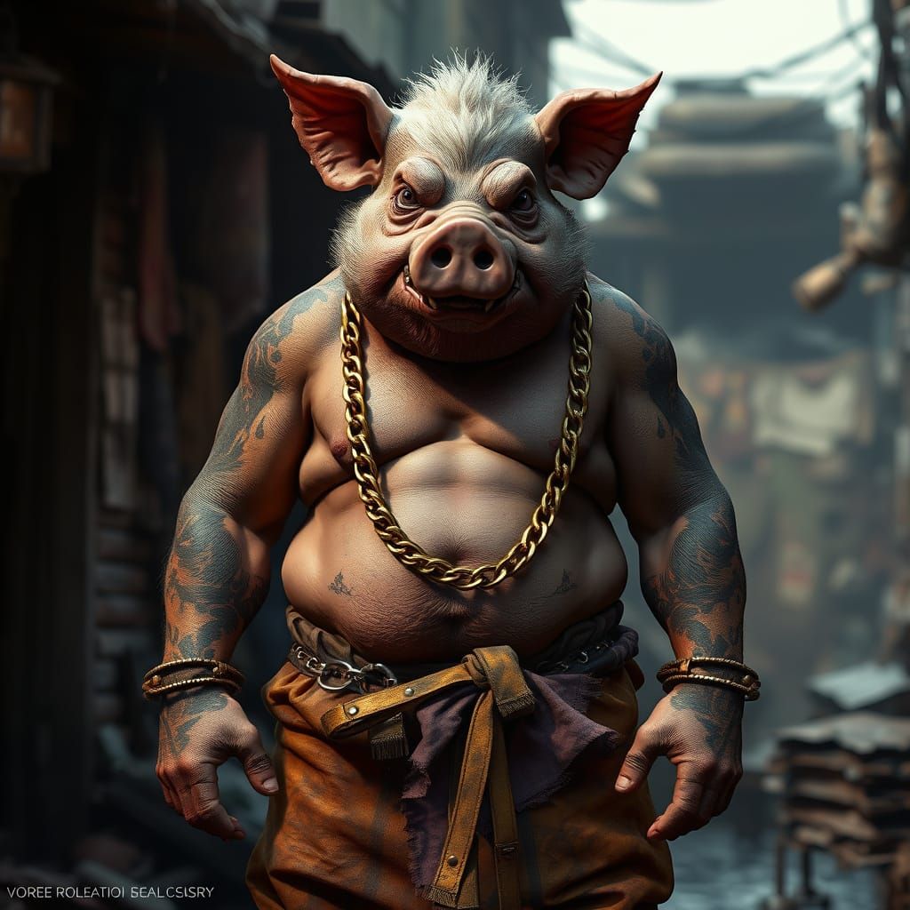 Pig-Headed Rapper in Dark Fantasy Slum
