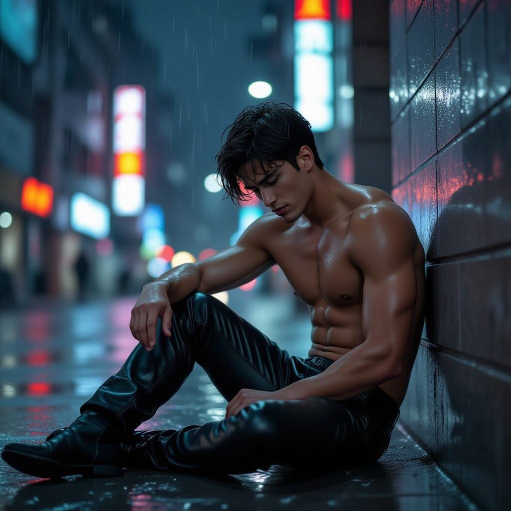 Depressed Man in Dark Rainy Cityscape