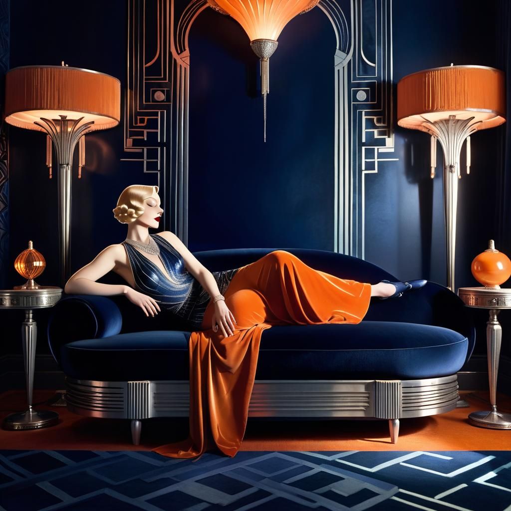 Art Deco Woman Lounging on Indigo Sofa