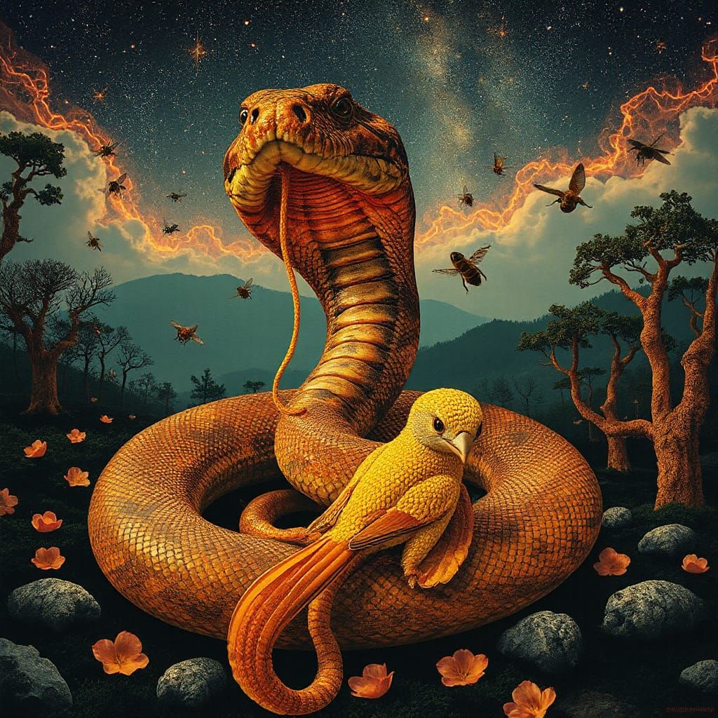 Surreal Snake's Cosmic Transformation in a Dreamlike Forest