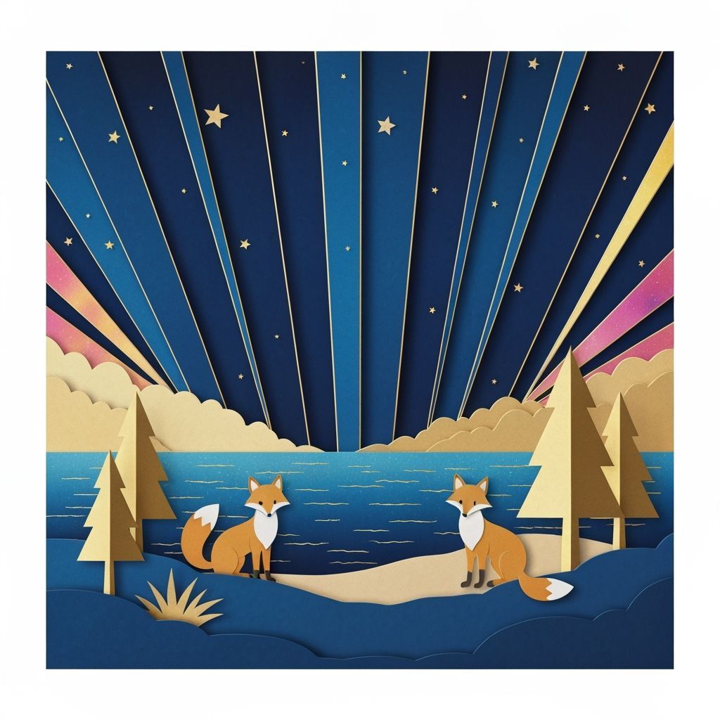 Papercut Foxes Under Cosmic Sky in 2.5D Design