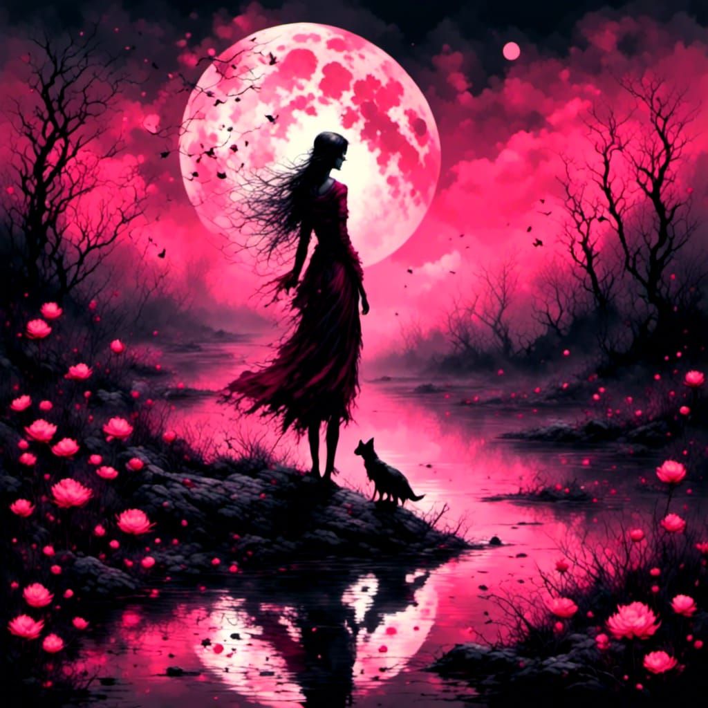 Dark Fantasy Swamp Nymph Under Red Moon