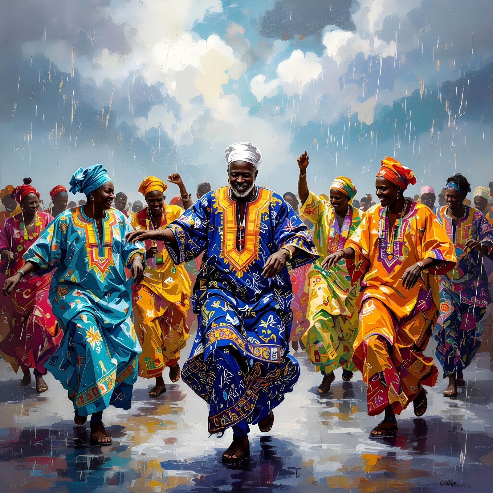 African Elders: Rainmakers Dancing in Colorful Patterns
