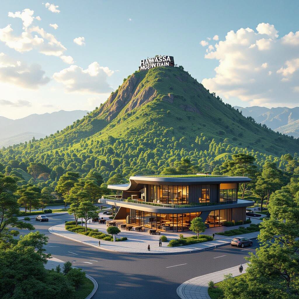 Futuristic Tabor Mountain Cafe in Matte Painting Style