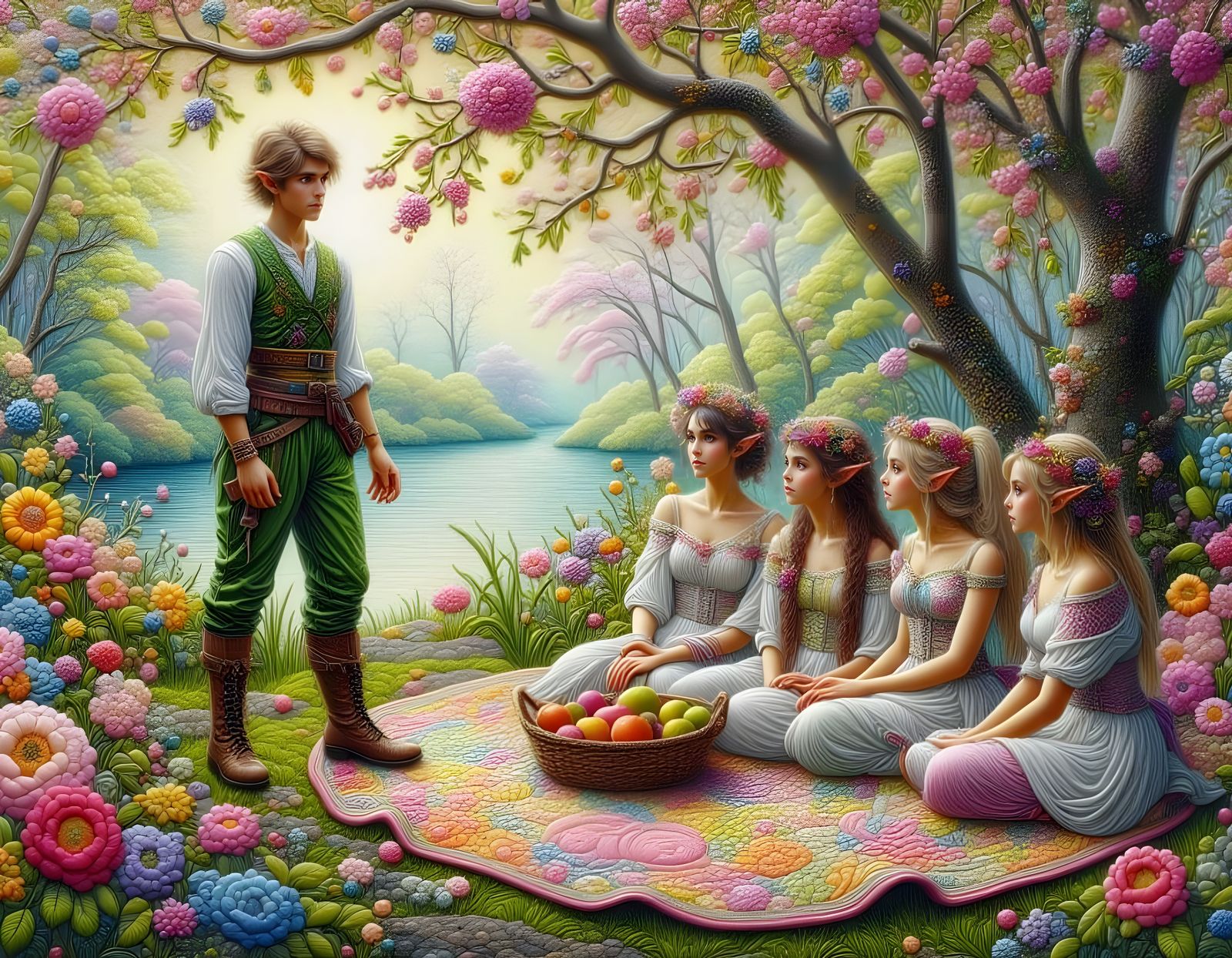 Elf Man Approaches Women in Dreamy Forest Glade