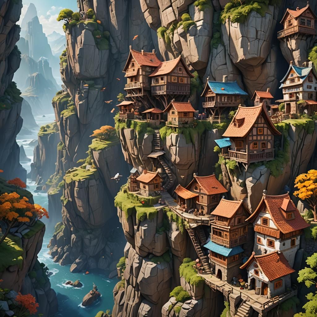 Animals in Fantastical Cliffside Village: Digital Matte Pain...