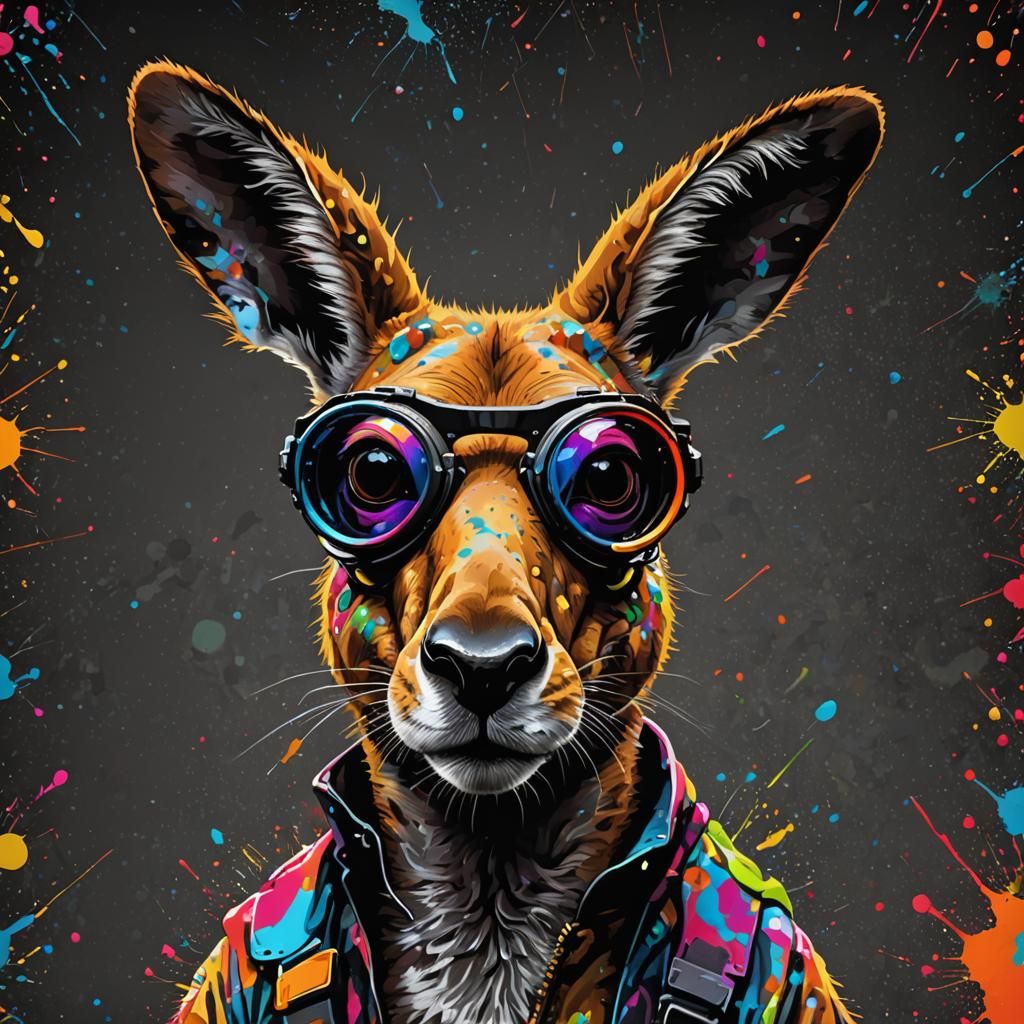 Anthropomorphic Kangaroo with Goggles in Digital Paint Splat...
