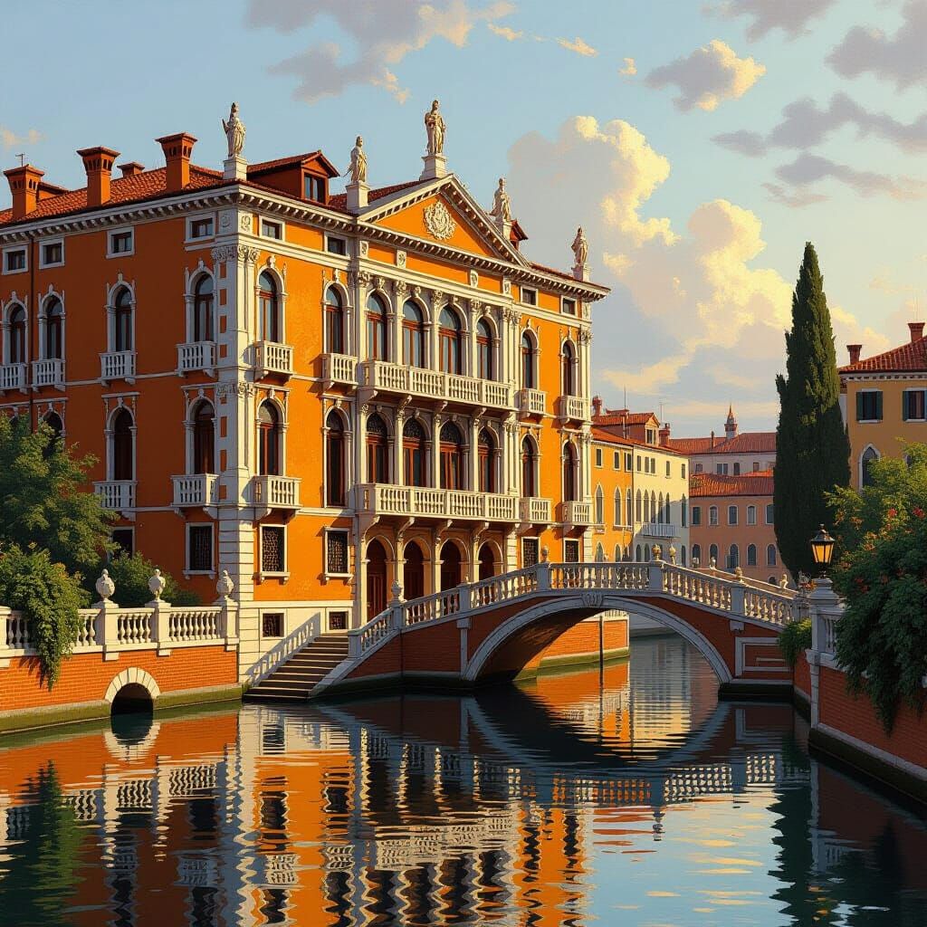 Baroque Palazzos with Golden Lighting and Water Reflections