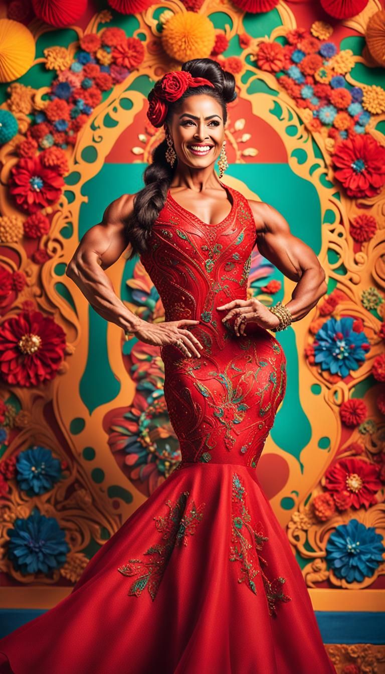 Latinx Bodybuilder Flexes at Vibrant Fiesta