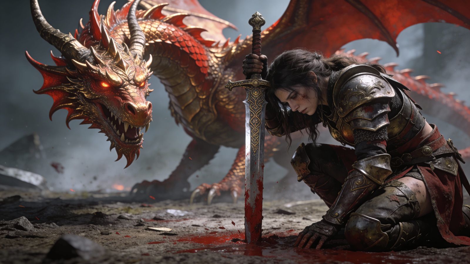 Exhausted Warrior Kneels Before Dragon on Bloody Battlefield