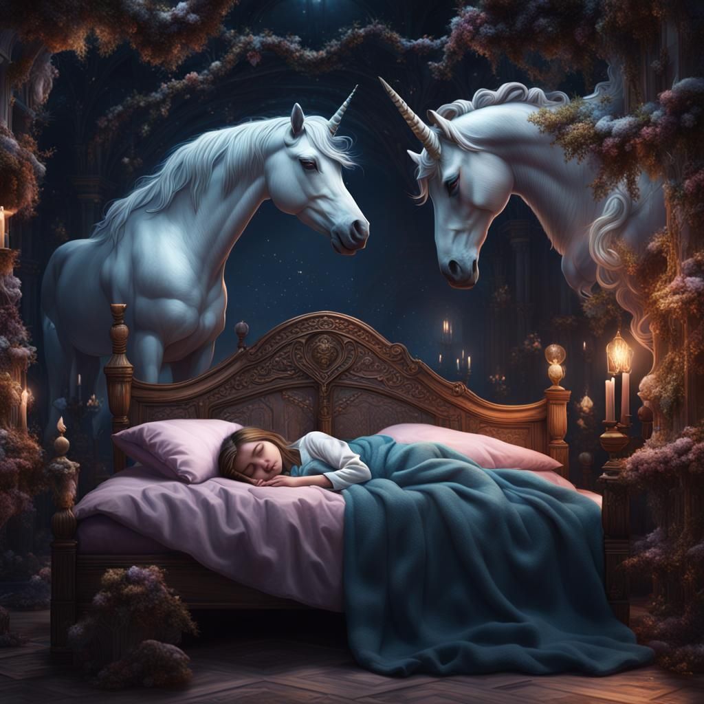 Sleeping Girl Watched by Unicorn: Fantasy Concept Art