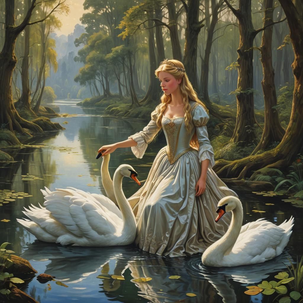 Swan Princess Tale: Oil Painting by Gurney