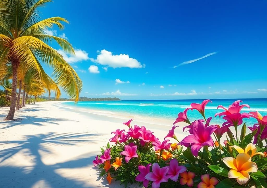 Tropical Beach Scene in Post-Impressionist Style