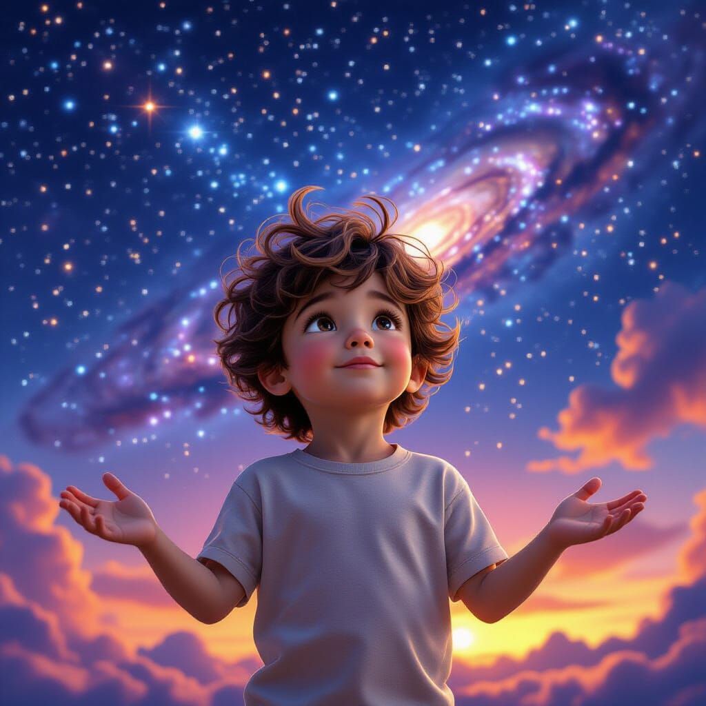 Boy Facing an Infinite Galaxy of Stars