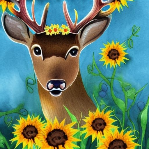 Deer with Floral Antlers in Sunflower Meadow