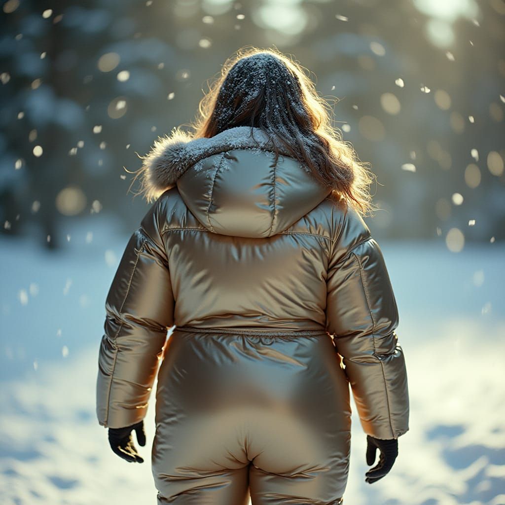 Woman in Metallic Puffer Suit Plays in Snow