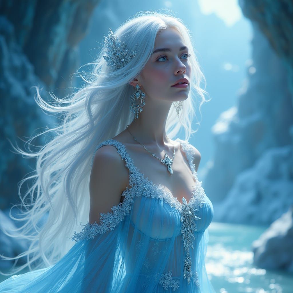 Icy Woman in Glacial Cave: Digital Art Nouveau