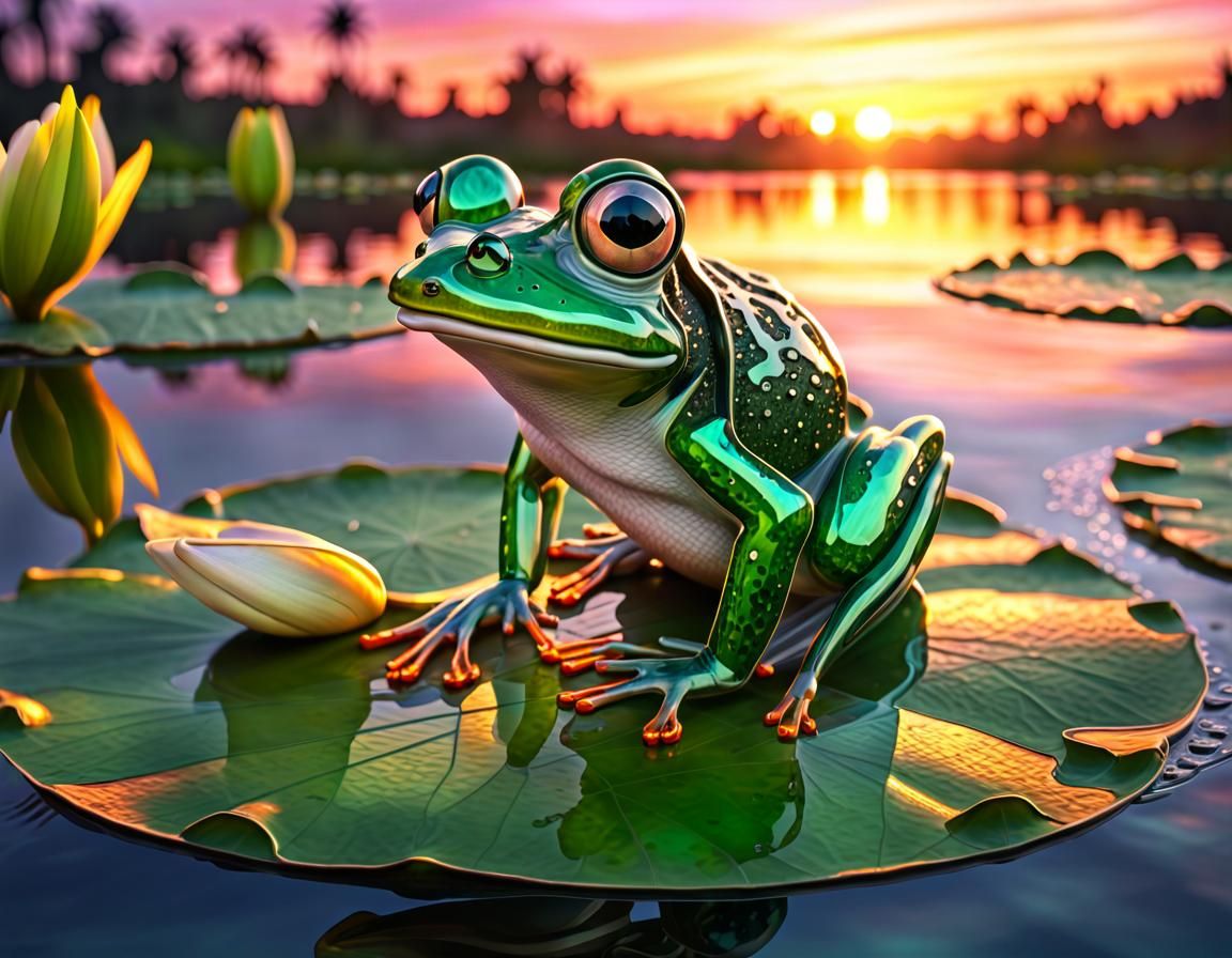 Emerald Glass Frog on Lily Pad, Digital Painting
