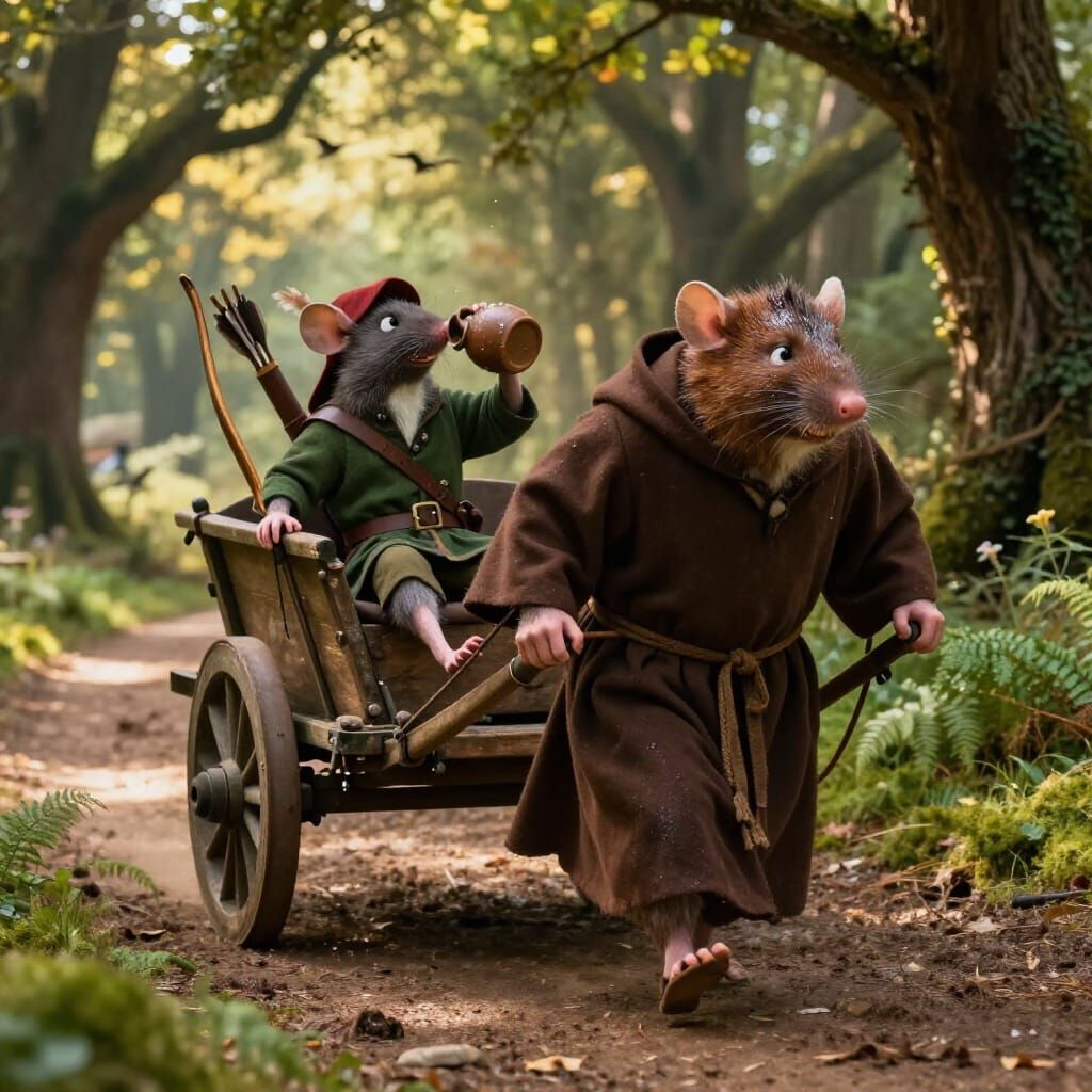 Friar Tuck Pulls Cart in Golden Sherwood Forest
