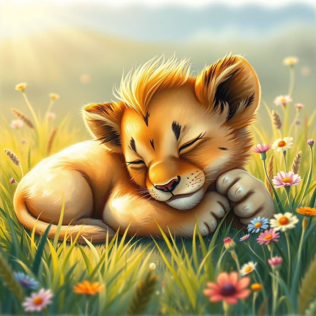 Whimsical Baby Lion Slumbers in Serene Savannah Landscape