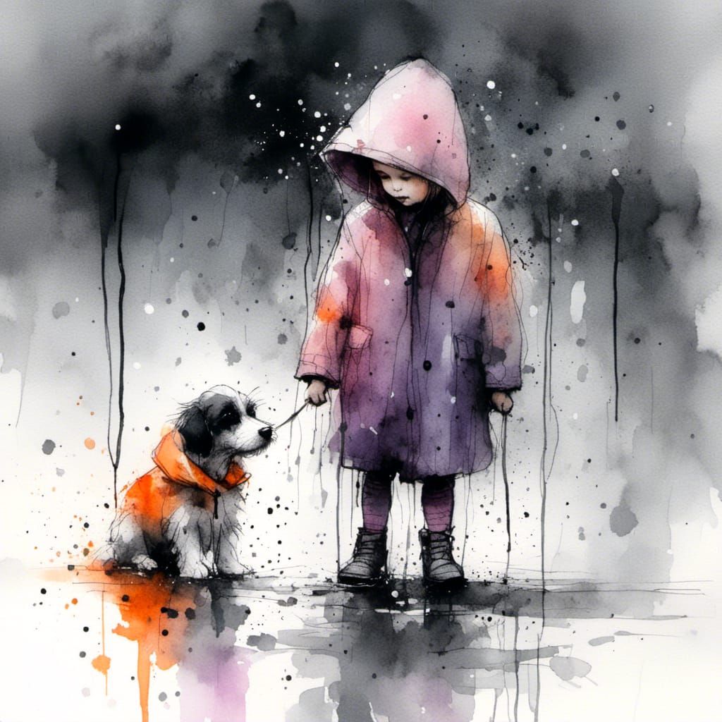 Maltese Puppy and Girl in Raincoat, Charcoal and Ink