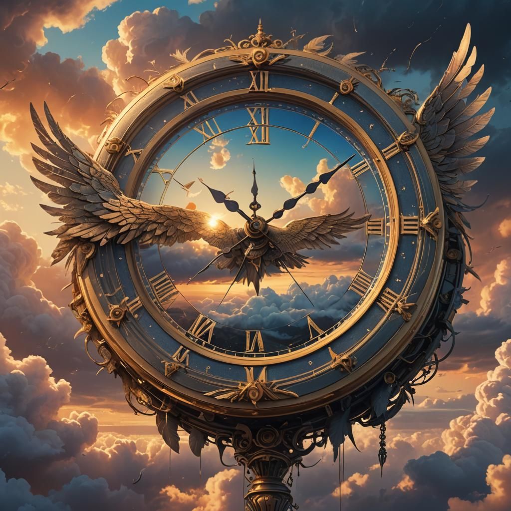 Winged Clock Soaring Through Clouds: Fantasy Concept Art