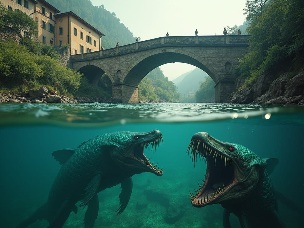 Mysterious Stone Bridge Over Luminous River Depths