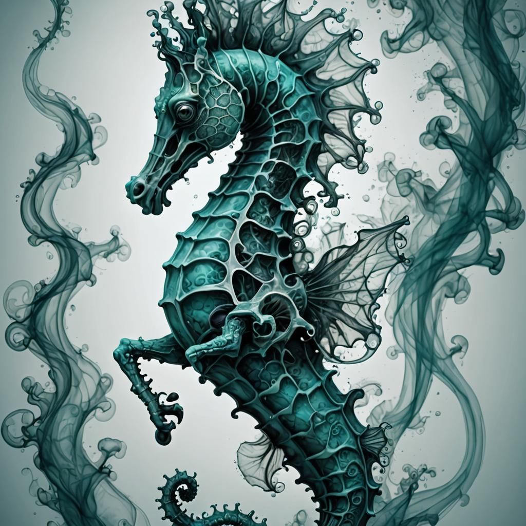 Luminescent Seahorse Biological Illustration in Smoke Art