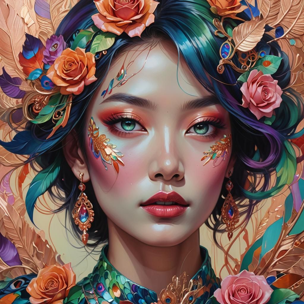 Rainbow Woman with Peacock Feathers, Fantasy Art