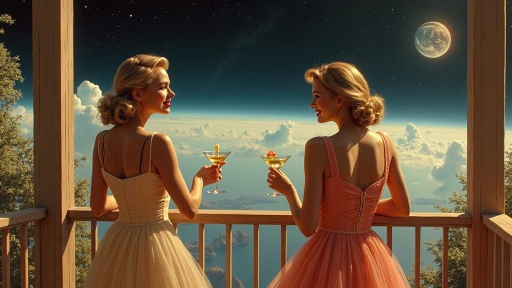Retro Sci-Fi Women on High Porch with Earth View