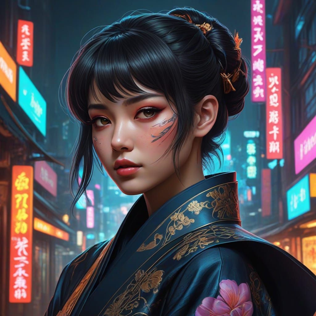 Cyberpunk Geisha Portrait in Neon Tokyo, Digital Art