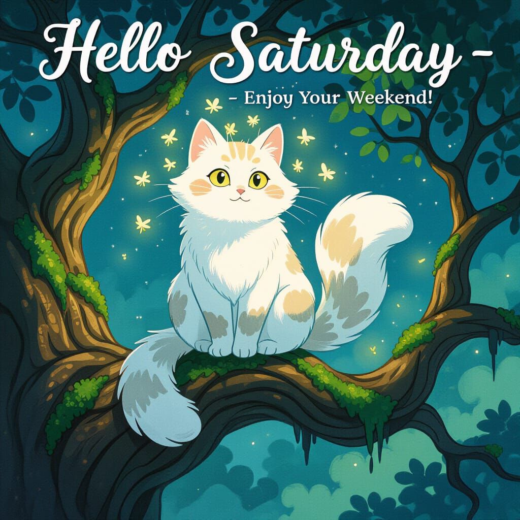 Moonlight Cat on Oak Branch with Fireflies