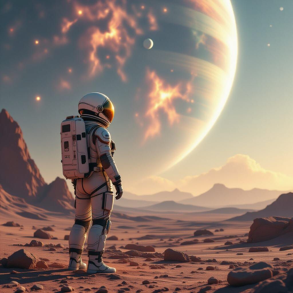 Astronaut Gazes at Alien Nebula Sky, Romantic Maximalist Art