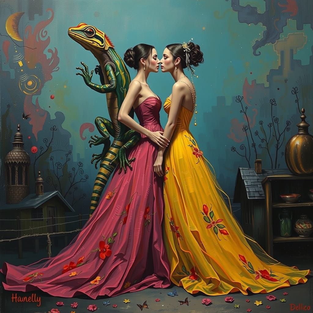 Surreal Couple Embracing Yellow Gecko Under Twilight Sky