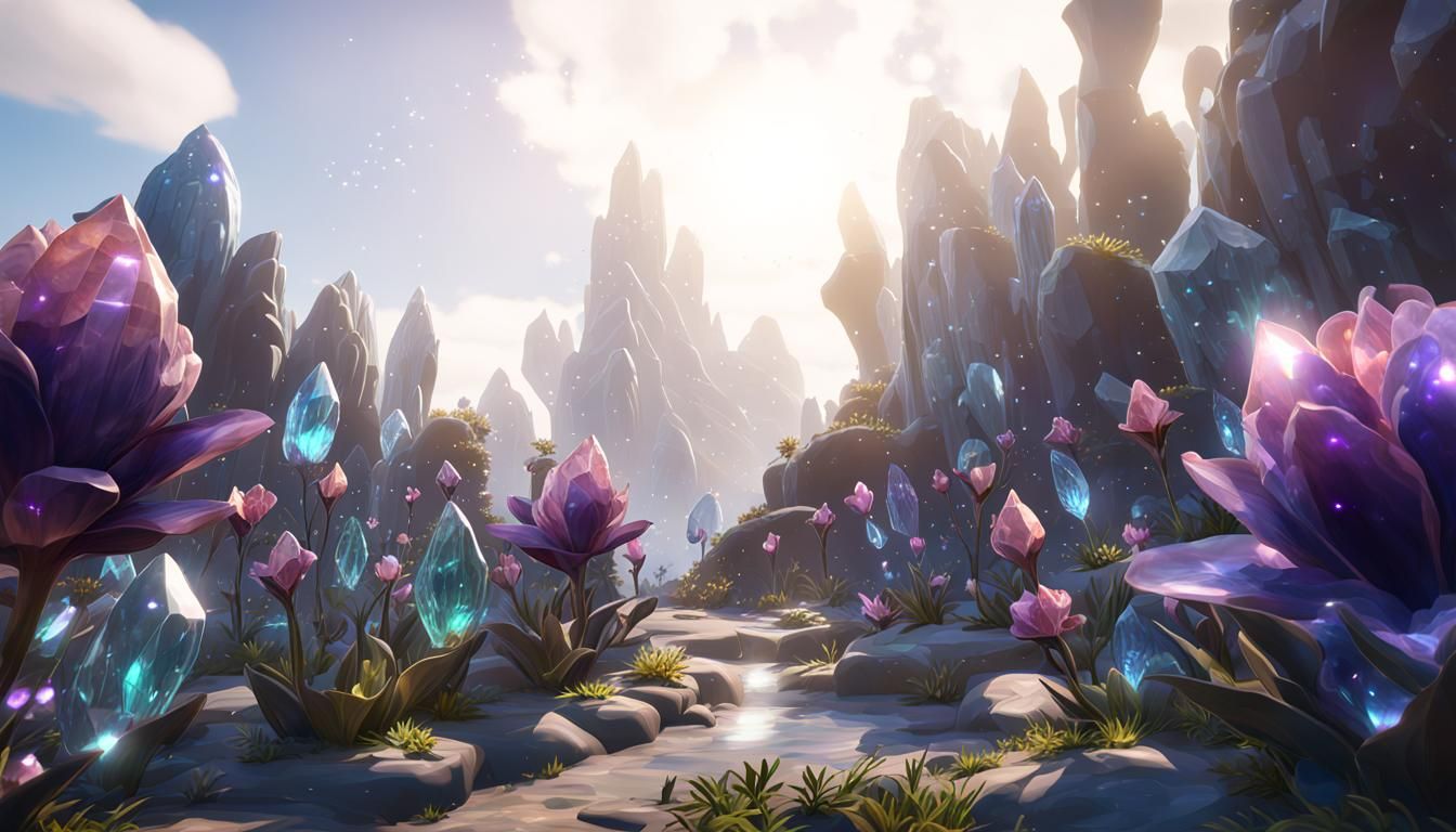 Cosmic Crystal Meadow with Flowers in Fantasy Style