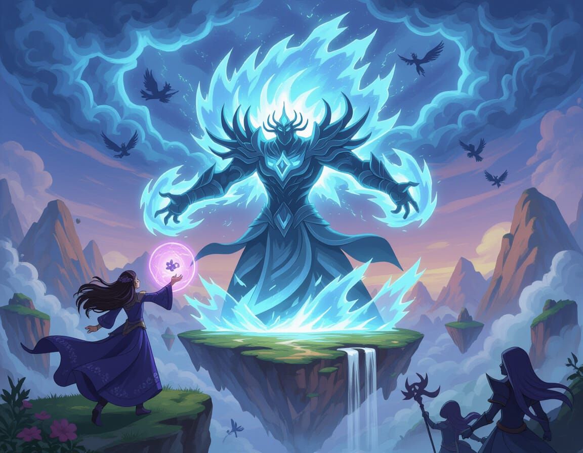 Sorceress Summons Storm Elemental To Defend Floating Island