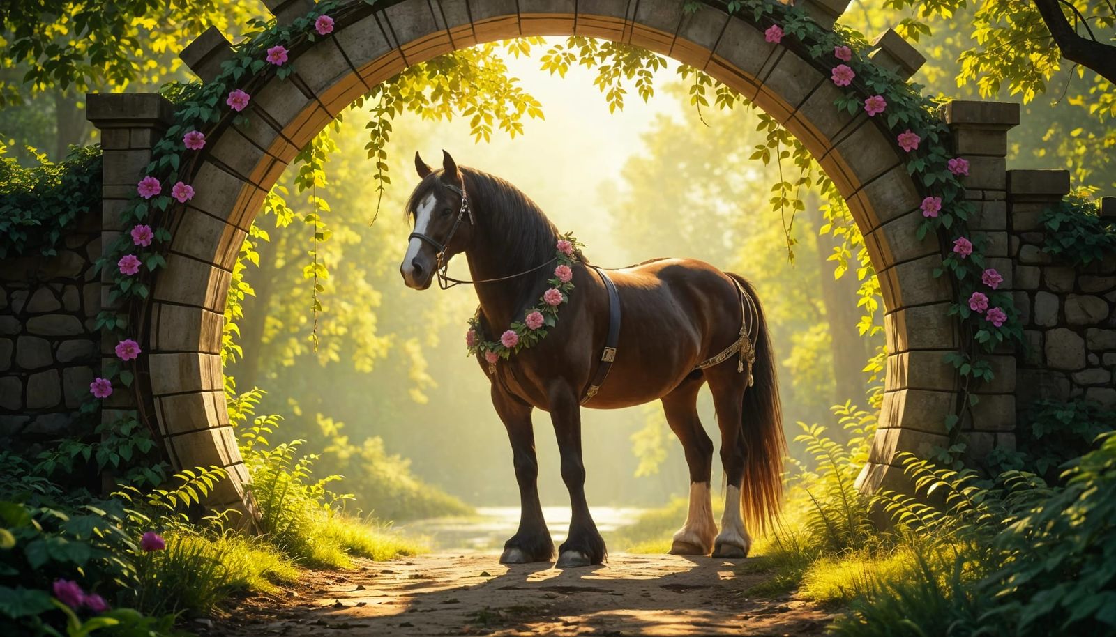 Majestic Clydesdale on Ancient Bridge in Sunlit Glade