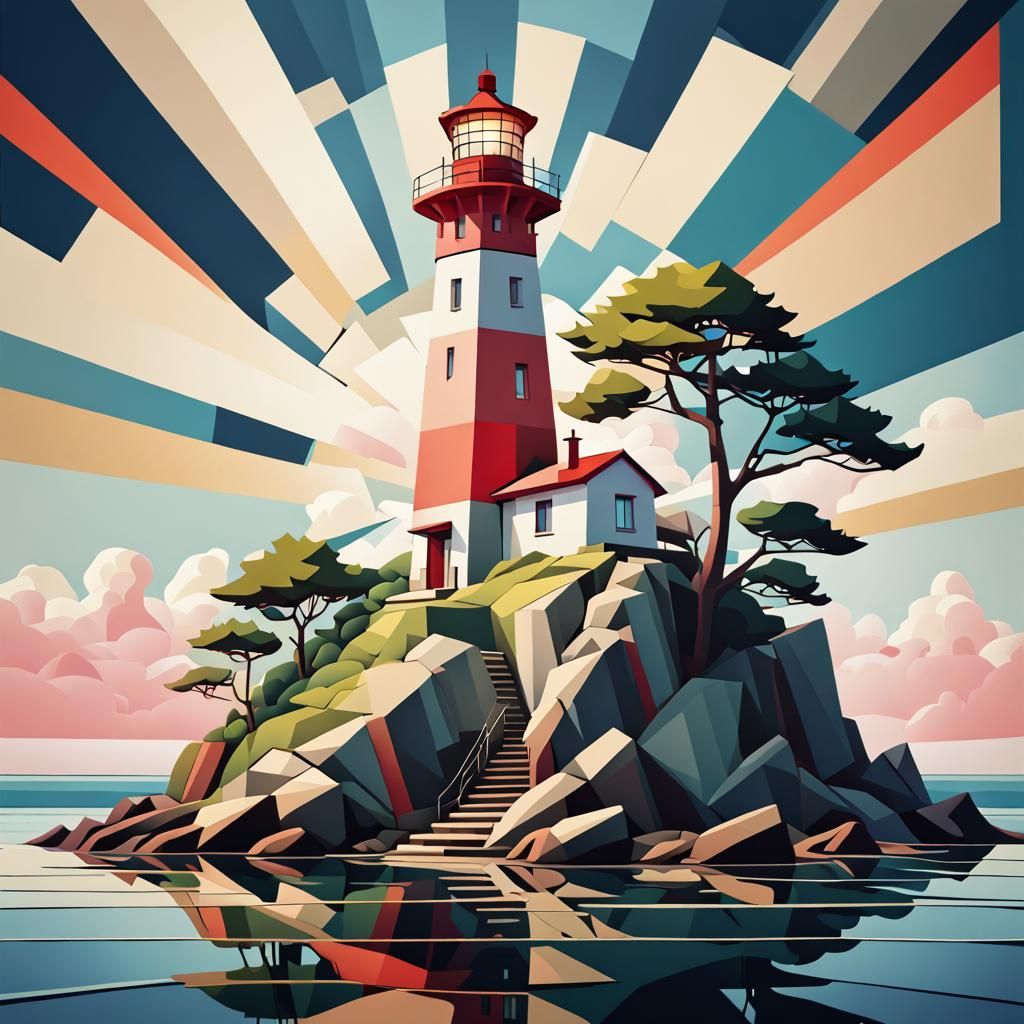 Japanese Lighthouse on Island in Geometric Fauvism Style