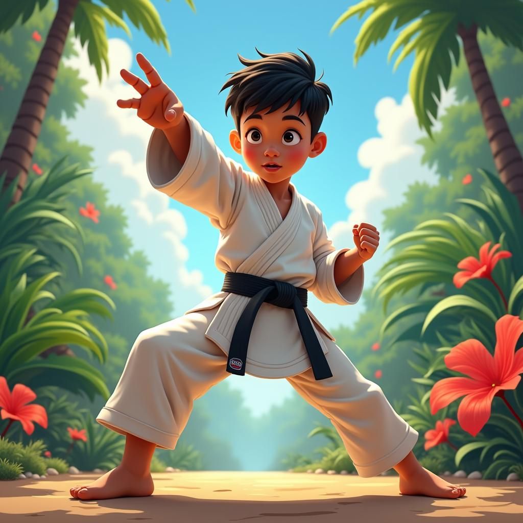 Brazilian Indigenous Boy in Taekwondo Gi, Anime Style