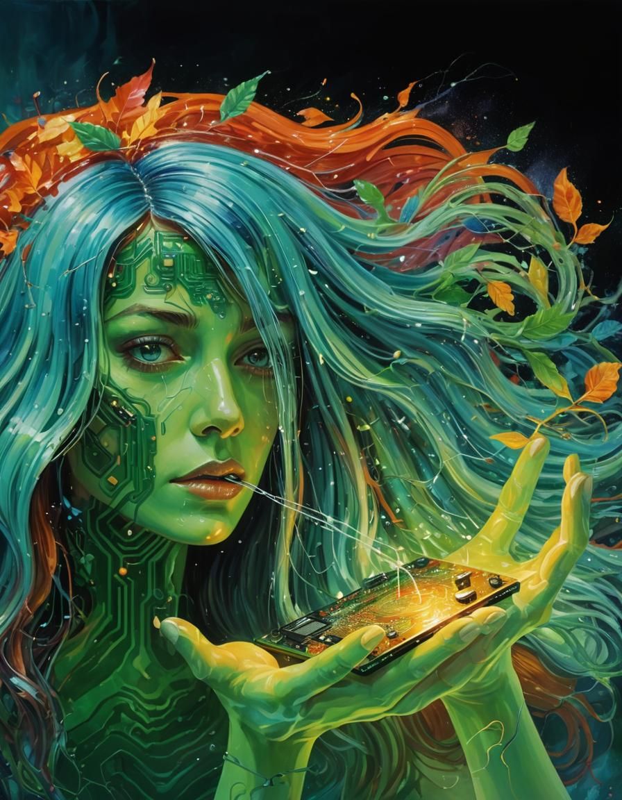 Surreal Circuit Board Woman in Oil Painting Style