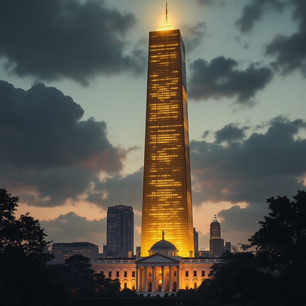 Gold Skyscraper Next to White House in Twilight