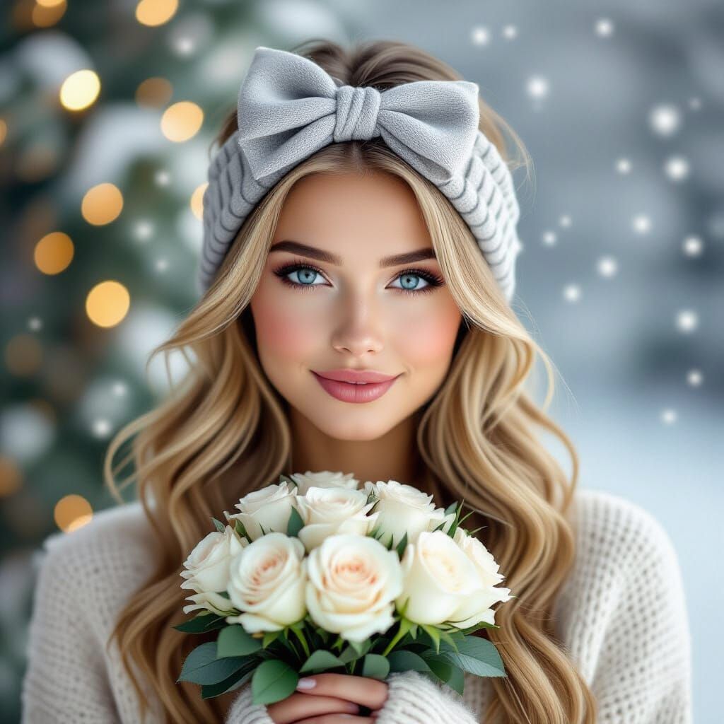 Watercolor Sketch Portrait of Blonde Woman with Roses