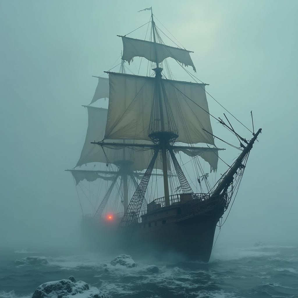 Majestic Sailing Vessel Emerges from Arctic Fogbank